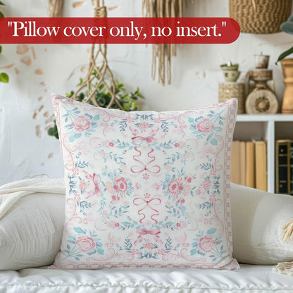 Pink Coquette Bow Floral Throw Pillow Cover, Grandmillennial Retro Flower Botanical Decorative Pillowcases Cushion Cases for Home Girly Room Bedroom Decor, 18x18 Pillow Covers