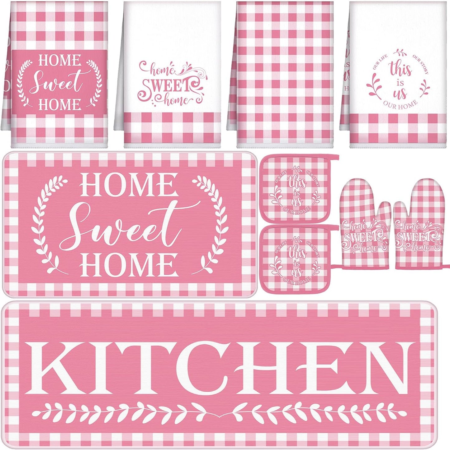 Fourluoo 10 Pcs Kitchen Set Kitchen Towels and Rugs Oven Mitts and Pot Holders Farmhouse Decor for Women Mom Gift Cooking Baking Grilling(Pink White)