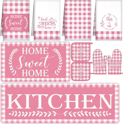 Fourluoo 10 Pcs Kitchen Set Kitchen Towels and Rugs Oven Mitts and Pot Holders Farmhouse Decor for Women Mom Gift Cooking Baking Grilling(Pink White)