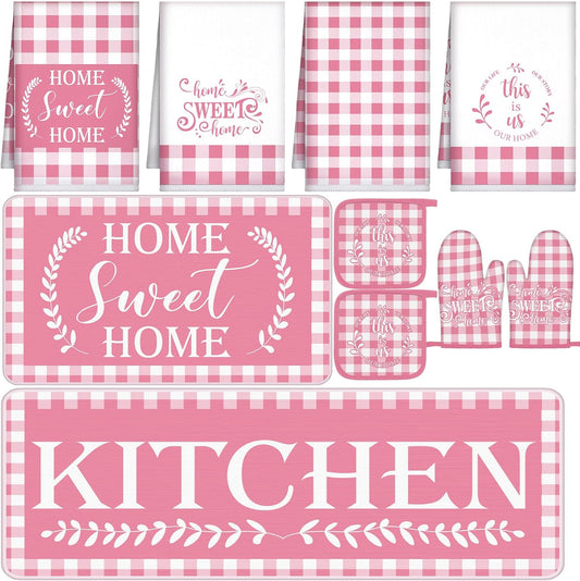 Fourluoo 10 Pcs Kitchen Set Kitchen Towels and Rugs Oven Mitts and Pot Holders Farmhouse Decor for Women Mom Gift Cooking Baking Grilling(Pink White)