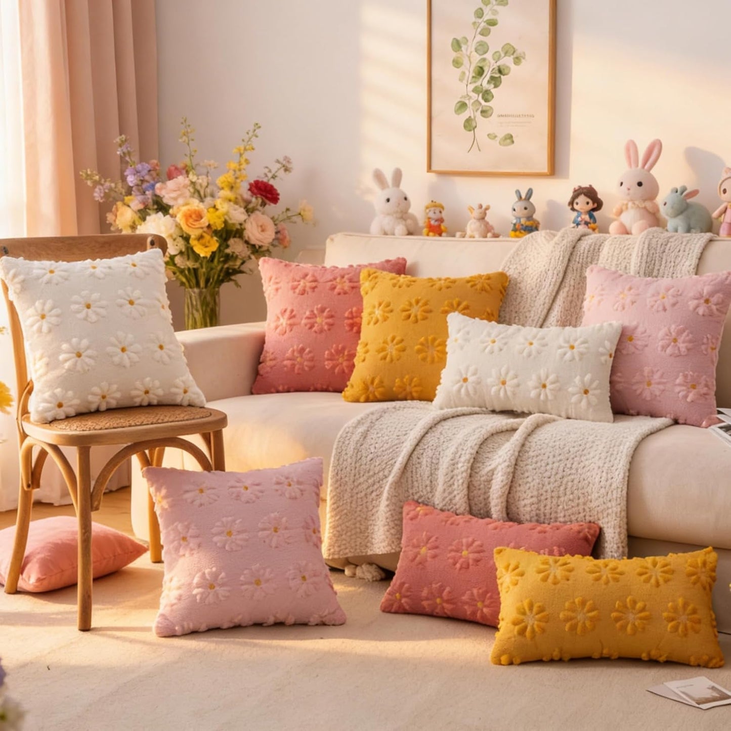 AQOTHES Spring Summer Pink Throw Pillow Covers 18x18 inch Set of 2 Flower Floral Faux Fur Cute Throw Pillows for Sofa Couch Living Room Decor