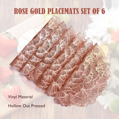 Round Placemats, Gold Ginkgo Leaf Pattern, Vinyl Material, 15 Inch Diameter,Washable Non-Slip, Decorative Table Setting, Set of 6 (6, Rose Gold)