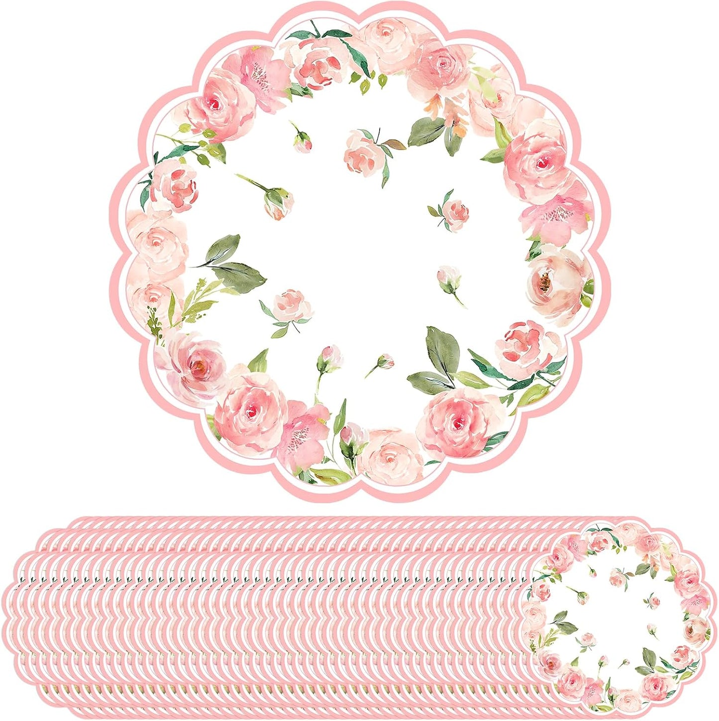 50 Pack Paper Placemats Disposable Pink Rose Floral Wedding Disposable Placemats Round Place Mats Spring Summer Table Mats for Birthday Wedding Anniversary Bride Party Supplies 13.7 Inch