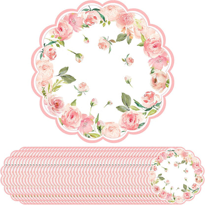50 Pack Paper Placemats Disposable Pink Rose Floral Wedding Disposable Placemats Round Place Mats Spring Summer Table Mats for Birthday Wedding Anniversary Bride Party Supplies 13.7 Inch