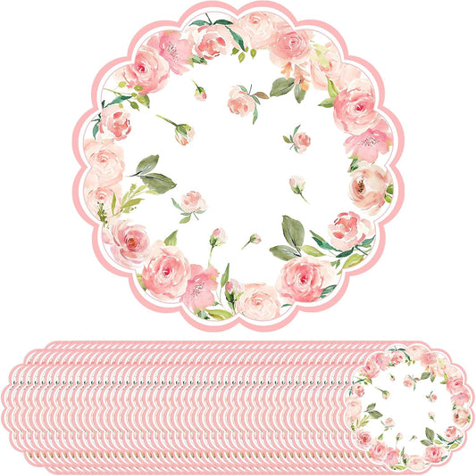 50 Pack Paper Placemats Disposable Pink Rose Floral Wedding Disposable Placemats Round Place Mats Spring Summer Table Mats for Birthday Wedding Anniversary Bride Party Supplies 13.7 Inch