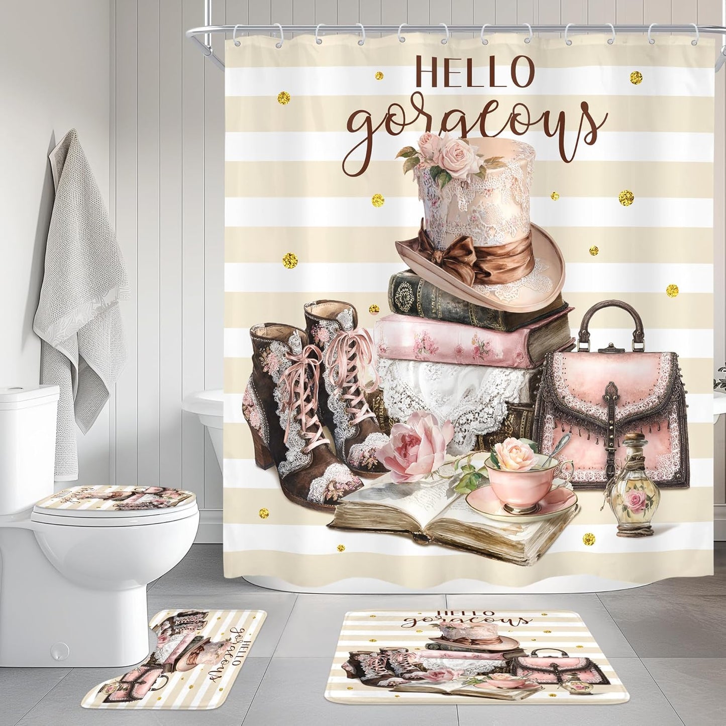 4Pcs Pink Brown Shower Curtain Set, Vintage Fashion Lace Flower Beige White Striped Books Boots Cups Bathroom Curtain with Rug, Toilet Lid Cover, Bath Mat, Women Shower Curtain with 12 Hooks