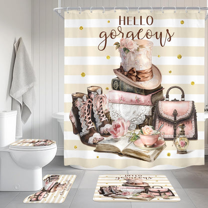 4Pcs Pink Brown Shower Curtain Set, Vintage Fashion Lace Flower Beige White Striped Books Boots Cups Bathroom Curtain with Rug, Toilet Lid Cover, Bath Mat, Women Shower Curtain with 12 Hooks