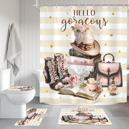 4Pcs Pink Brown Shower Curtain Set, Vintage Fashion Lace Flower Beige White Striped Books Boots Cups Bathroom Curtain with Rug, Toilet Lid Cover, Bath Mat, Women Shower Curtain with 12 Hooks