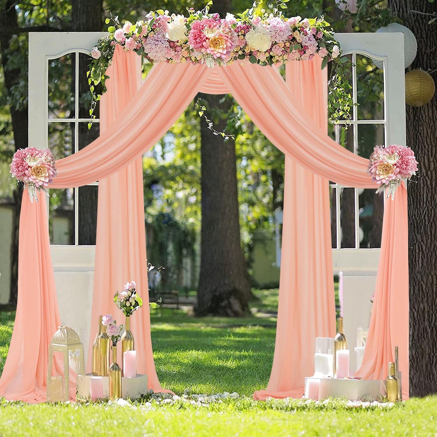 FUHSY Wedding Arch Draping Fabric Peach Pink Chiffon Fabric Drapes 20FT 1 Panel Sheer Curtains Wedding Arch Backdrop for Party Ceiling Decorations Weddings Ceremony Drape Fabrics for Arbor Archs Decor