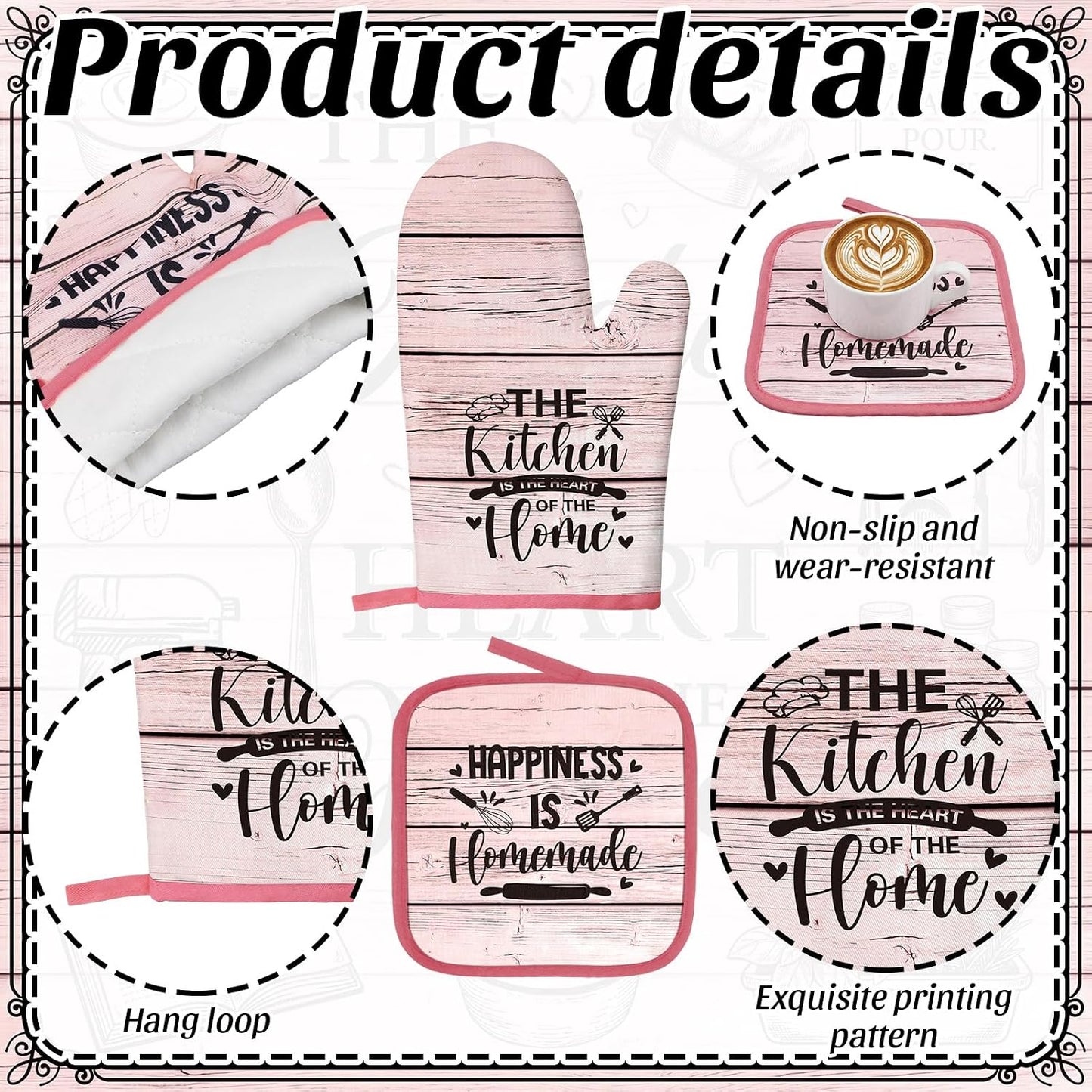 Fourluoo 10 Pcs Farmhouse Pink Kitchen Decor and Accessories Set Kitchen Towels and Rugs Pot Holders Oven Mitts for Cooking Baking Mom Housewarming Gifts