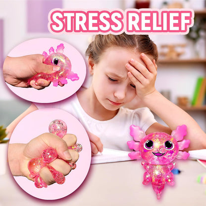 Squishy Axolotl Sugar Stress Balls Squeeze Toy for Kids, Slow Rise Squishy Axolotl Sensory Fidget Toys, Glitter Axolotl Sugar Squeeze Stress Ball Easter Basket Stuffers (Pink)
