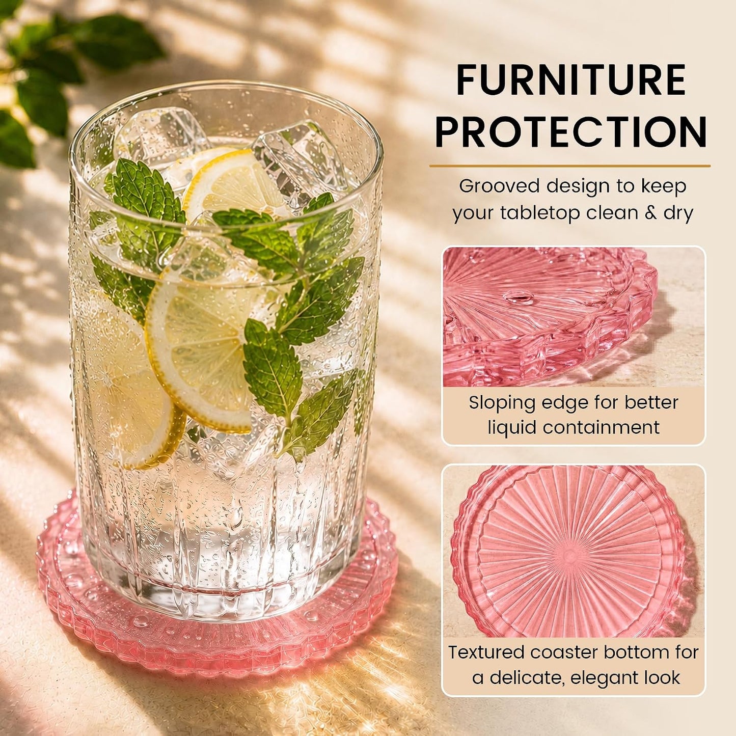 Silicone Coasters for Drinks[4 pcs,No Holder] Dual-Sided Light-Play Design, Non-Stick Cup Covers & Table Mats, Coffee Table Decor, Clear Pink