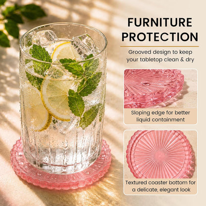 Silicone Coasters for Drinks[4 pcs,No Holder] Dual-Sided Light-Play Design, Non-Stick Cup Covers & Table Mats, Coffee Table Decor, Clear Pink