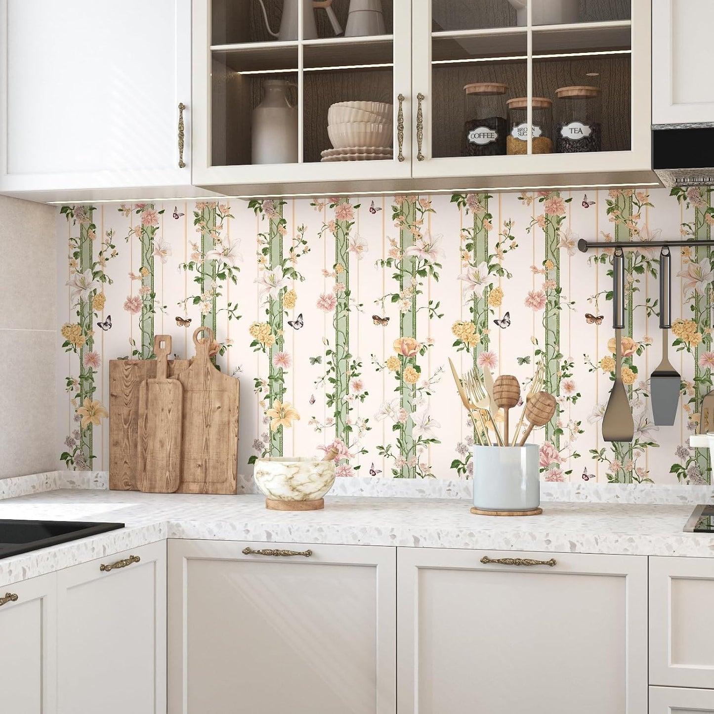 BOKEBEVE Extra Long Beige Pink Wallpaper Peel and Stick Boho Floral Contact Paper Renter Friendly Wall Paper for Tabletop Bathroom Shelf Liner Removable 17.5 x 393.5In