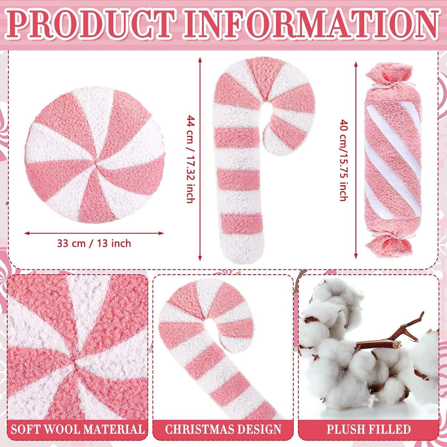 3 Pcs Christmas Pillows Decorative Throw Pillows Candy Merry Christmas Tree Stuffed Wool Soft Xmas Plush Cushion for Sofa Couch Bedroom Living Room(Pink)