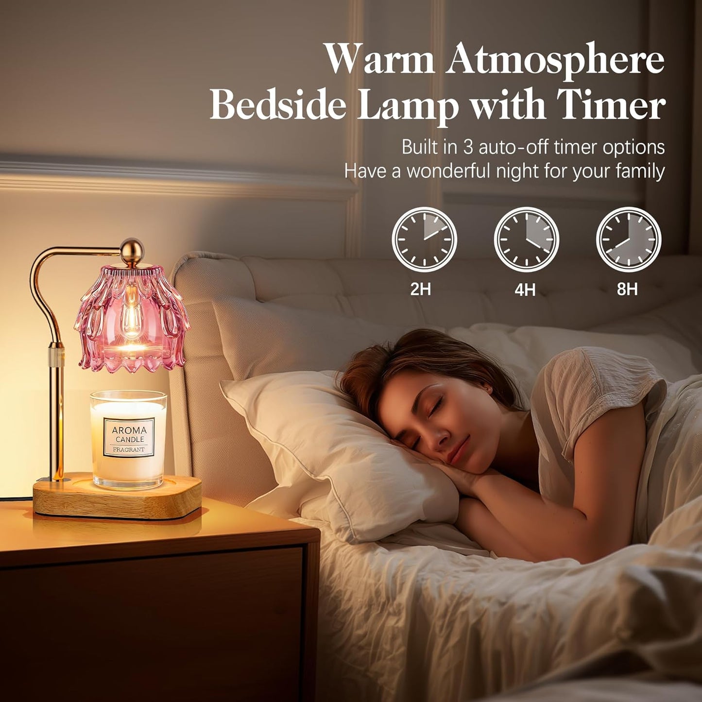 Candle Warmer Lamp with Timer Dimmer, Modern Wax Warmer for Scented Wax Jar Candle Warmer with 2 Bulbs, Adjustable Height Glass Lamp for Gifts for Women, House Warming Gifts, Home Decor, Gold Pink