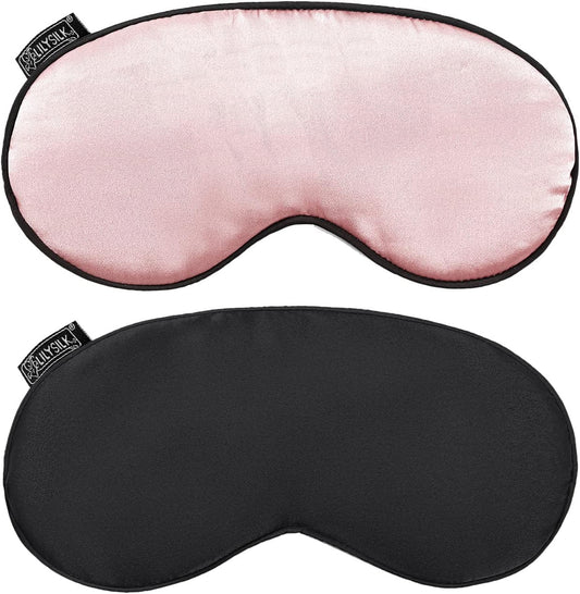 LILYSILK 100% Silk Sleep Mask-Blindfold with Elastic Strap 2 Pack with Ear Plugs, Soft and Comfortable Night Eye Mask for Men Women, Eye Blinder for Travel/Sleeping/Shift Work, Black+ Pink