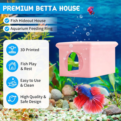Floating Betta Fish Hammock Cave House for Aquarium, 3D Printed Betta Shrimp Feeder & Hideout Cave Toys, Small Aquarium Feeding Ring Decor, Turtle Fish Tank Decorations Accessories -Pink