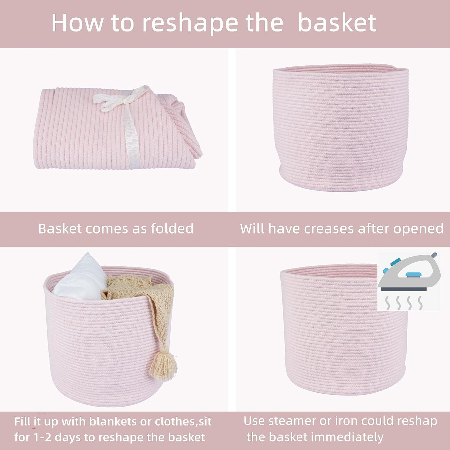 XUANGUO Cotton Rope Basket For Girls Kids 16”X14” Baby Laundry Baskets Nursery Bin Round Woven Basket Organizer For Storage Toys Blankets Shoes Clothes pink