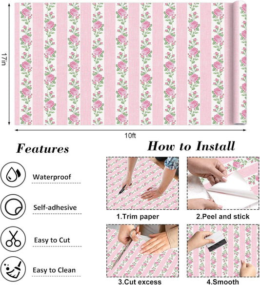 FYSUIMU Floral Striped Peel and Stick Wallpaper Roll Vintage Pink Rose Flower Stripe Contact Paper Self-Adhesive Wall Decoration for Farmhouse Home Bedroom Bathroom, 17 in x 10 Ft