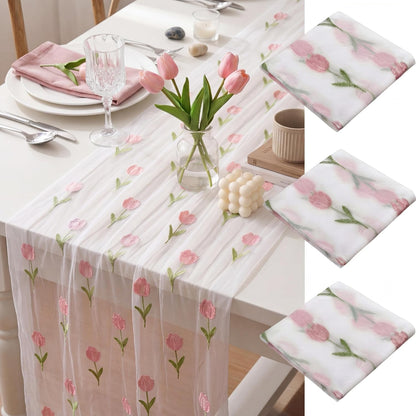 Mindsoft 3 Pcs Pink Floral Tulip Table Runner 10ft Gauze Embroidery Tulip Sheer Floral Tulle Easter Lace Table Runner for Wedding Bridal Baby Shower Holiday Dining Decor DIY