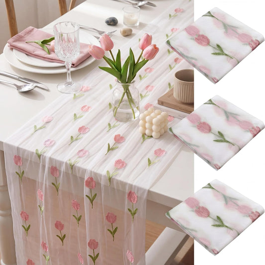 Mindsoft 3 Pcs Pink Floral Tulip Table Runner 10ft Gauze Embroidery Tulip Sheer Floral Tulle Easter Lace Table Runner for Wedding Bridal Baby Shower Holiday Dining Decor DIY