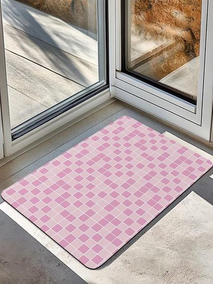 Modern Geometric Square Lattice Bath Rug Diatomite Shower Mat, Absorbent Bath Mat Non Slip Quick Dry Bathroom Rugs for Shower Bathtub Sink Kitchen Pink Buffalo Checker Ombre
