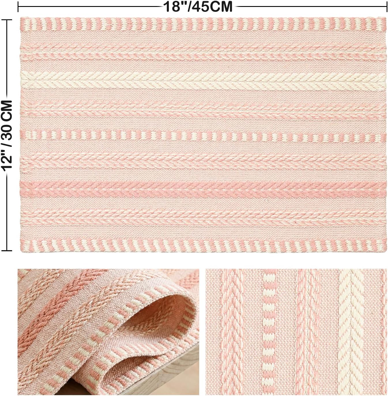 Artoid Mode Pink Farmhouse Woven Braided Stripe Placemats Set of 4,12x18 Inch Seasonal Holiday Table Mats Party Kitchen Dining Decoration