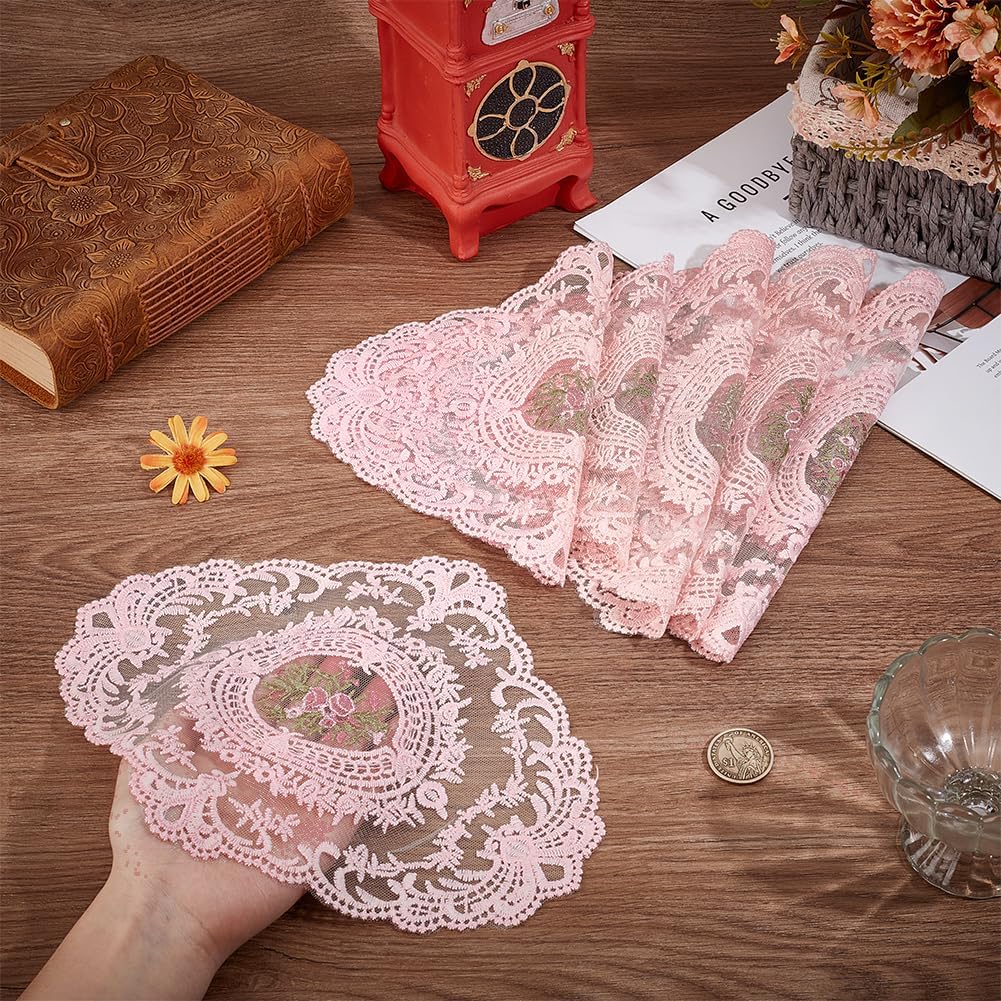 BENECREAT 6pcs 8.43 Inch Pink Retro Lace Placemats, 10.47 Inch Oval Embroidered Table Mats Lace Doily for Home Wedding Coasters Cup