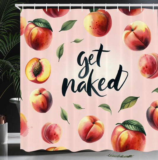 Ambesonne Peach Shower Curtain, Get Naked Phrase Written on Pastel Back Fruits and Leaves Fun Playful, Cloth Fabric Bathroom Decor Set with Hooks, 69" W x 70" L, Blush Dark Coral Yellow