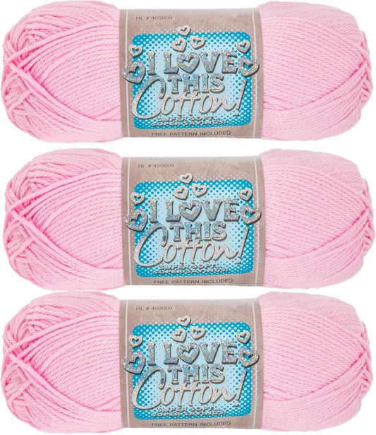 I Love This Cotton 4-Medium, 180 Yards of 100% Cotton Yarn for Crocheting & Knitting Blankets, Hats, & More – DIY Handcrafting Accessories, Set of 3, 74 Pink