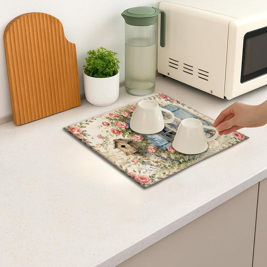 Floral Dish Drying Mats for Kitchen Counter, Peach Rose Absorbent Dish Drainer Rack Mat, Spring Vintage Microfiber Drying Pad for Coffee Bar Protector 16x18 Inch
