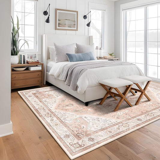 MUJOO 8x10 Area Rugs,Pink Washable Rugs for Living Room Bedroom Dining Room,Large Non Slip Carpet Indoor,Boho Vintage Soft Blush and White Floral Rug