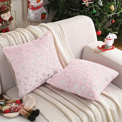 HAUSSY Christmas Throw Pillow Covers 18x18 Set of 2, Soft Faux Fur Pillow Cases Cute Decorative Snowflake Glitter Printed Winter Cushion Case for Xmas Home Decor,Couch Bed,Living Room,Pink