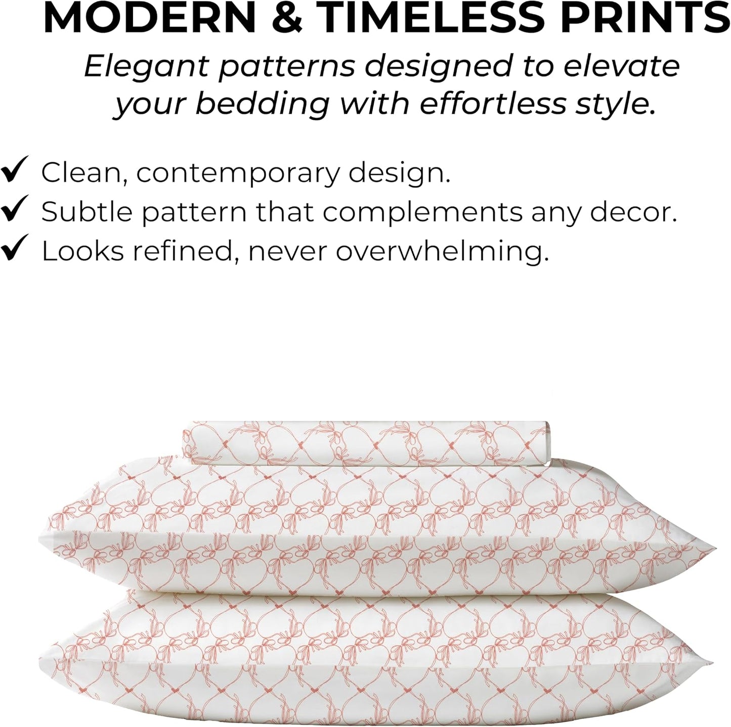 100% Cotton Percale Fitted Sheet Set, King, 18" Deep, Pink Bows, No Flat | Coordinated pillowcases complete the bed with a cool, crisp feel and smooth look for easy bedroom setup