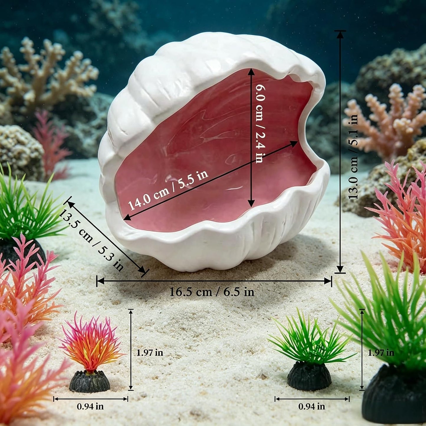Axolotl Tank Accessories - Extra Large Ceramic Fish Tank Cave with 2PCS Artificial Plants, Double Sided Glaze Shell Shape Hideout, Aquarium Hides Cave Decor Shelter for Betta, Pet Frog, Fish(Pink)