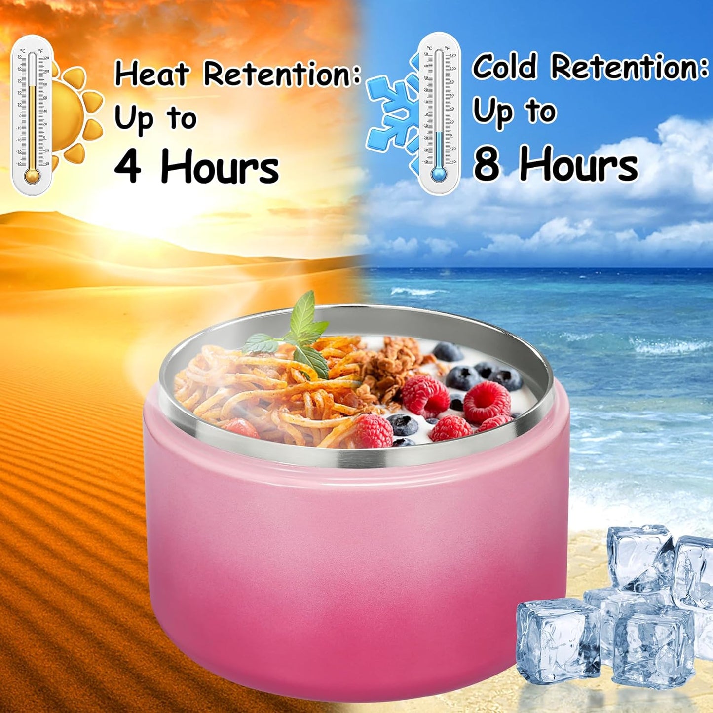 Pawtong 12oz Insulated Vacuum Food Jar with Buckle Lid Wide Mouth Soup Thermo for Hot Food Kids Leakproof Stainless Steel Lunch Container (Gradient Pink, 12OZ)