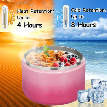 Pawtong 12oz Insulated Vacuum Food Jar with Buckle Lid Wide Mouth Soup Thermo for Hot Food Kids Leakproof Stainless Steel Lunch Container (Gradient Pink, 12OZ)