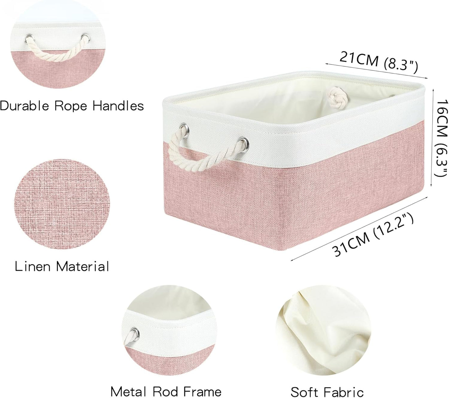 Storage Bins with Sturdy Cotton Handles(1 Pack), Fabric Storage Baskets for Organizing use for Office & Home, Book, Clothes, Toys, Closet Boxes (Small, Pink-White, 12.2x8.3x6.3 inches)
