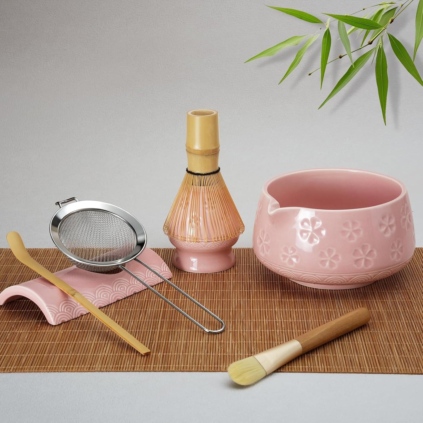 8 Pcs Matcha Whisk Set: Matcha Bowl, Whisk and Holder, Cleaning Brush, Bamboo Scoop, 304 Sifter, Tool Holder, Tea Mat – Matcha Set Kit Gifts for Women, Mom, Valentines Day (Pink)