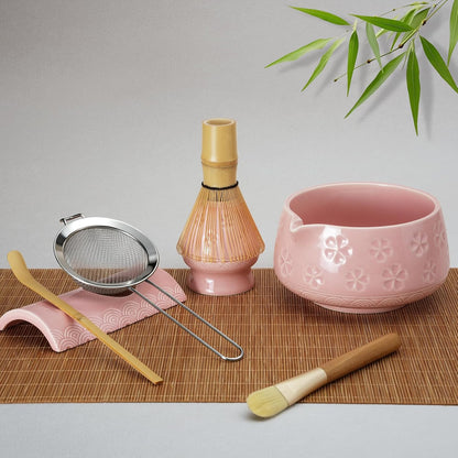 8 Pcs Matcha Whisk Set: Matcha Bowl, Whisk and Holder, Cleaning Brush, Bamboo Scoop, 304 Sifter, Tool Holder, Tea Mat – Matcha Set Kit Gifts for Women, Mom, Valentines Day (Pink)