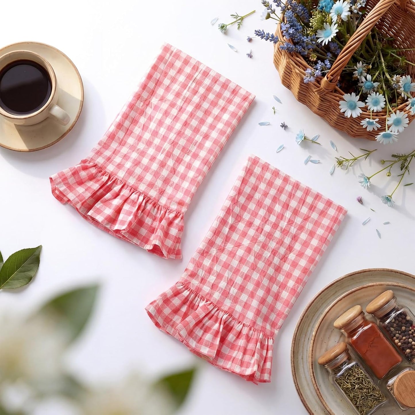 HunnmingRe Watermelon Pink Kitchen Towels Set of 2, 100% Cotton Ruffled Gingham Dish Towels 18"x28" Tea Cloths Classic Plaid Pattern for Farmhouse Charm, Drying Dishes, Entertaining Guests