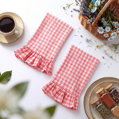 HunnmingRe Watermelon Pink Kitchen Towels Set of 2, 100% Cotton Ruffled Gingham Dish Towels 18"x28" Tea Cloths Classic Plaid Pattern for Farmhouse Charm, Drying Dishes, Entertaining Guests