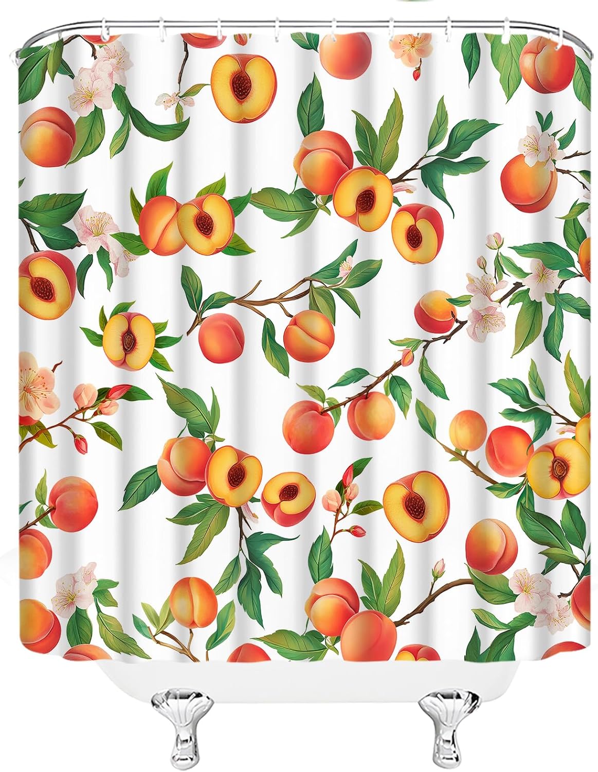 Peach Shower Curtain Fruits Cute Bright Colorful Green Leaves Cartoon,White 70" W x 70" H Fabric Bathroom Decor Curtain with Hooks