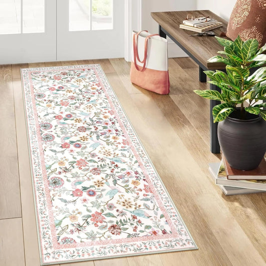 Rugalia Floral Washable Runner Rug, 2x6 Pink Rug Runners for Hallways Non-Slip, Soft Low Pile Flower Birds Long Bathroom Mat Botanical Throw Carpet for Kitchen Laundry Entryway Porch