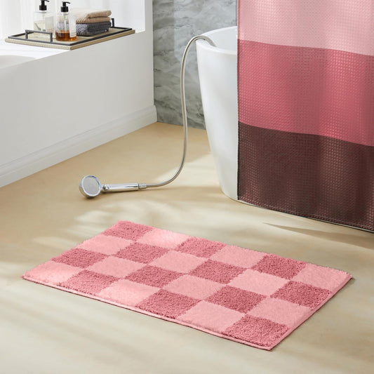 Ohocut Luxury Microfiber Checkered Bathroom Rugs, Checkerboard Bath Mat Girls Cute Aesthetic Preppy Bath Decor for Bathroom, Tub, Sink, Shower, Anti Slip, Absorbent, Washable, Coral, 32x20