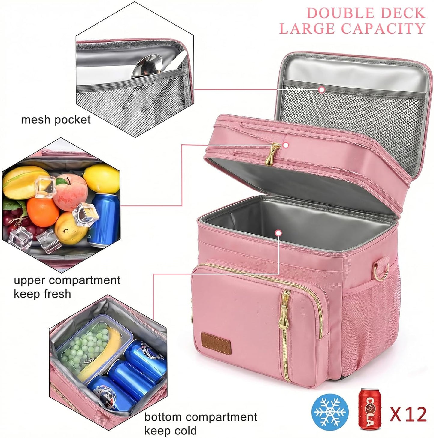MIYCOO Lunch Bag & Lunch Box for Women Men Double Deck - Leakproof Insulated Soft Large Adult Lunch Cooler Bag for Work, Beach, Picnic, Camping, Travel (Pink,15L)