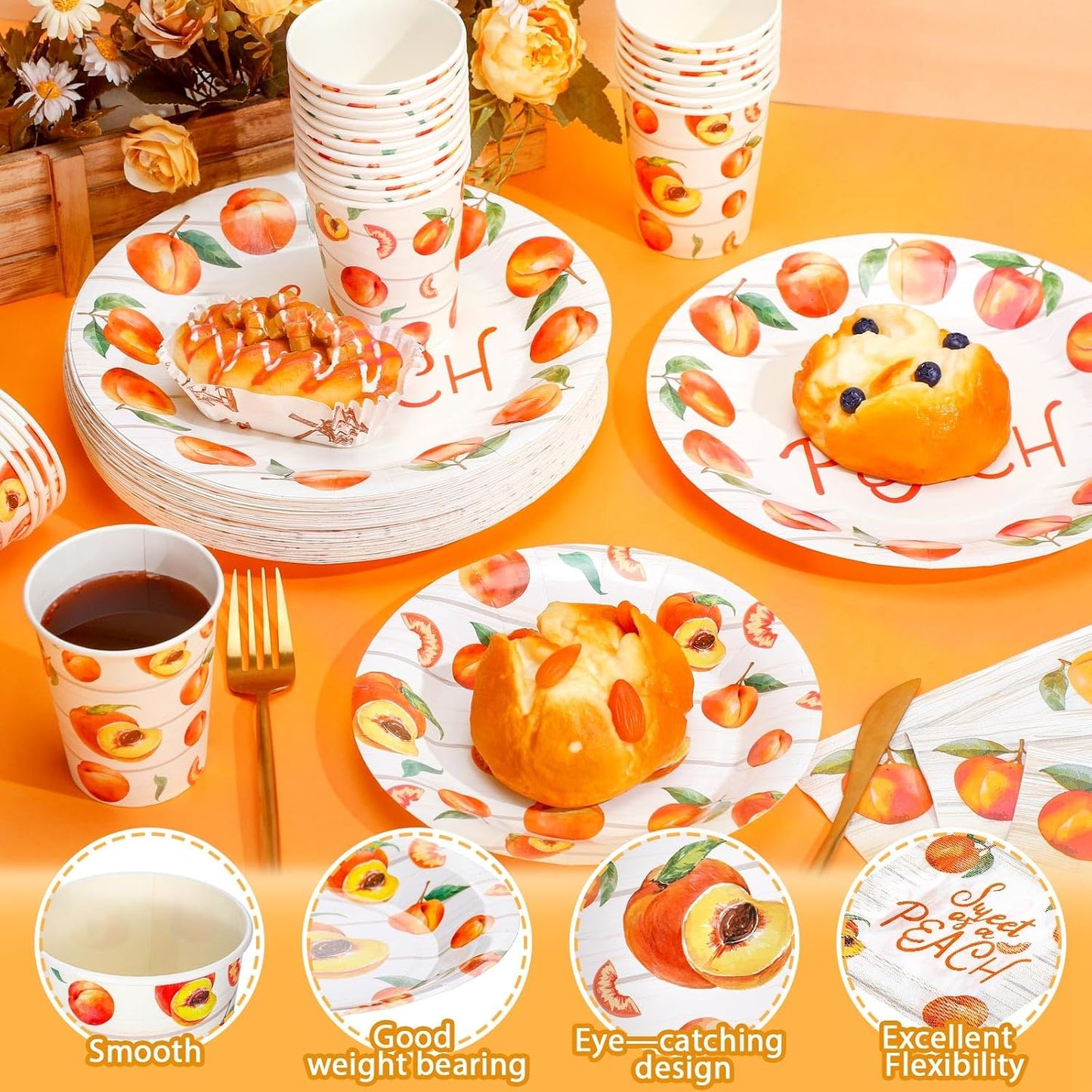 Domensi 250 Pcs Sweet As A Peach Baby Shower Party Decorations for Girls Disposable Paper Plates Napkins Cups Tableware Set for 50 Guests Peach Bride Shower Supplies for Weeding Birthday Party