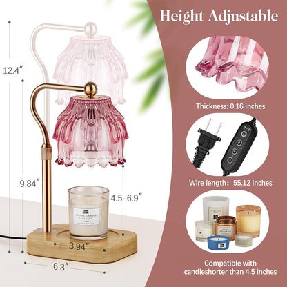 Candle Warmer Lamp with Timer Dimmer, Modern Wax Warmer for Scented Wax Jar Candle Warmer with 2 Bulbs, Adjustable Height Glass Lamp for Gifts for Women, House Warming Gifts, Home Decor, Gold Pink