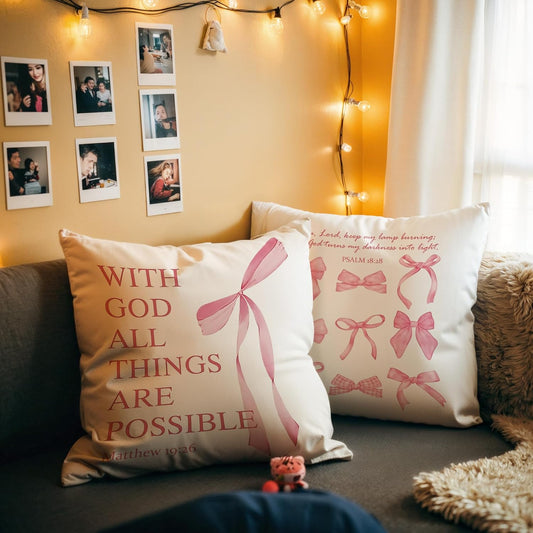 Coquette Pink Bow Christian Throw Pillow Covers 18x18 Set of 2,Pink Bow Christian Room Bedroom Dorm Decor Aesthetic for College Teen Girls Gifts, Inspirational Bible Verses Bow Pillowcase（02）